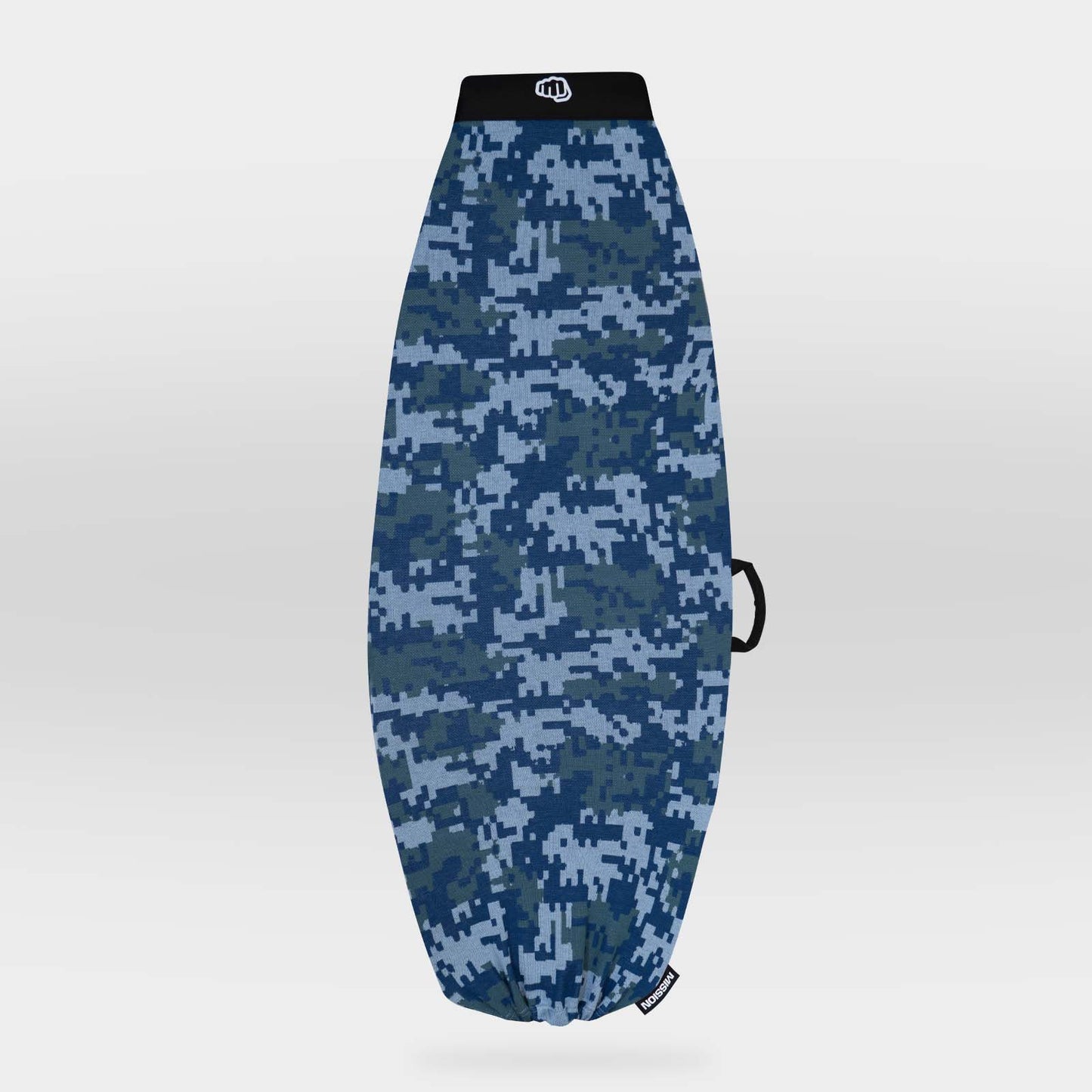 A surfboard cover featuring a blue and gray digital camouflage pattern, shown against a light gray gradient background.