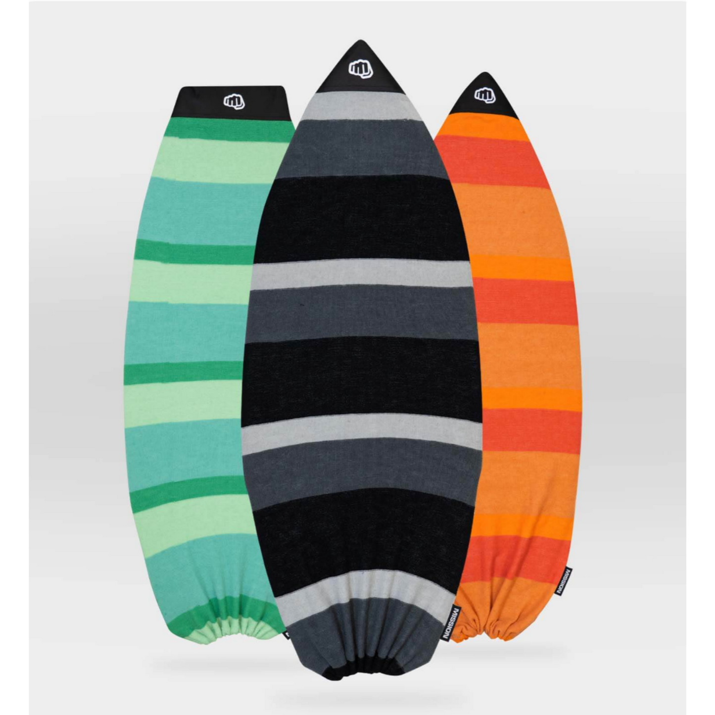 Three surfboard-shaped knit socks with horizontal stripes, displayed against a light gray background. The left sock has green and mint stripes, the middle sock has black, gray, and white stripes, and the right sock has orange, red, and orange stripes.