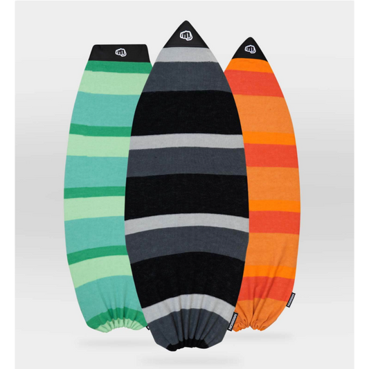 Three surfboard-shaped knit socks with horizontal stripes, displayed against a light gray background. The left sock has green and mint stripes, the middle sock has black, gray, and white stripes, and the right sock has orange, red, and orange stripes.