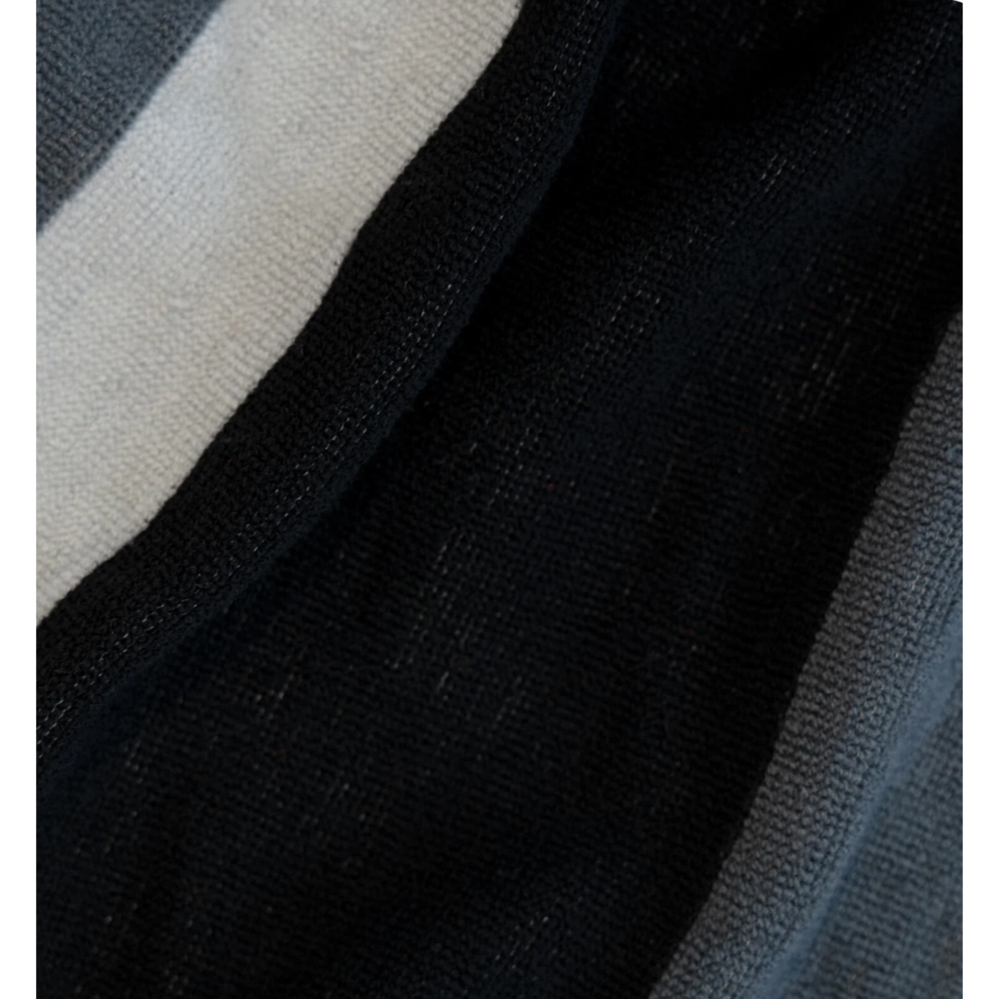Close-up of a striped knit fabric with a thick black section, a wide off-white stripe, and a thin dark gray stripe.