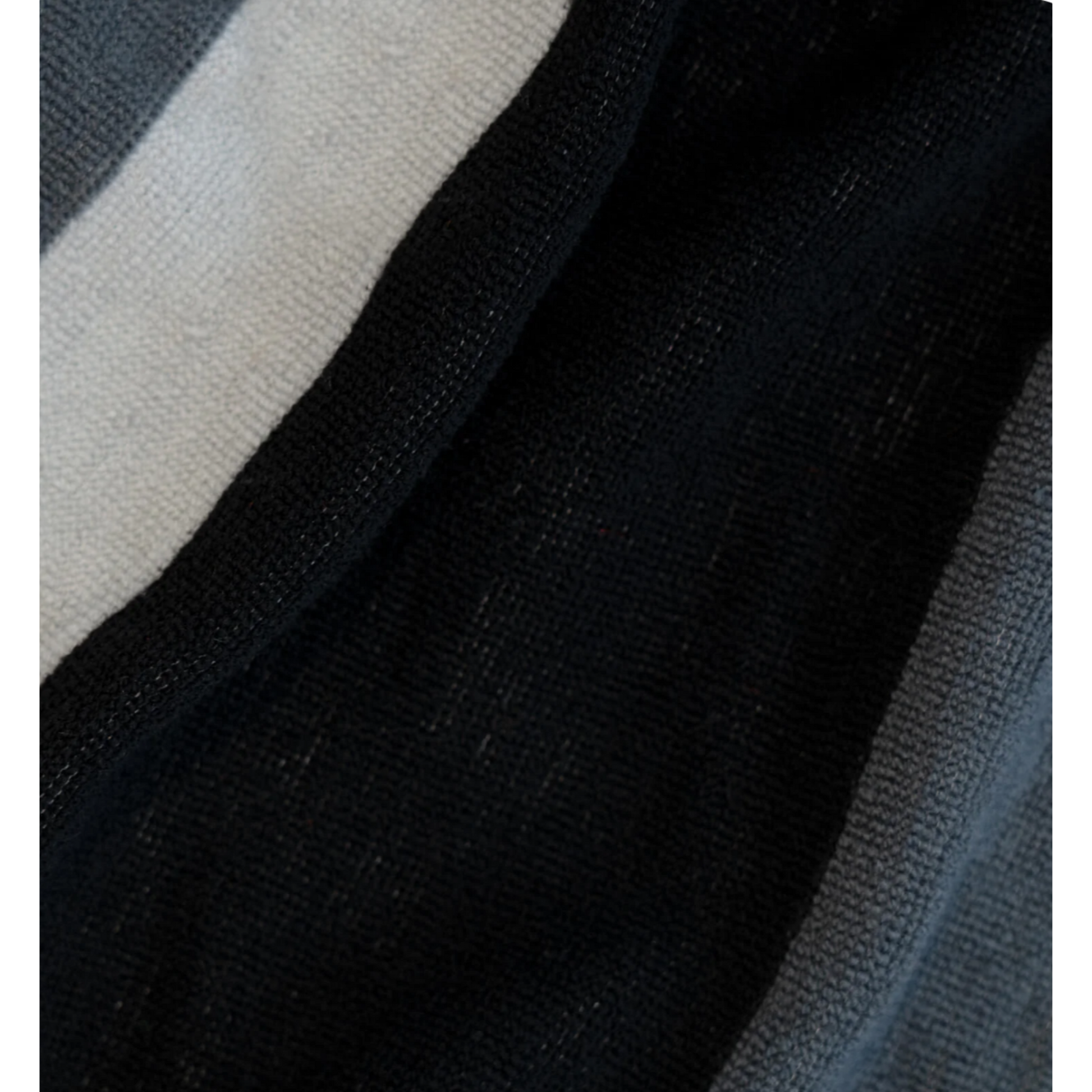 Close-up of a striped knit fabric with a thick black section, a wide off-white stripe, and a thin dark gray stripe.