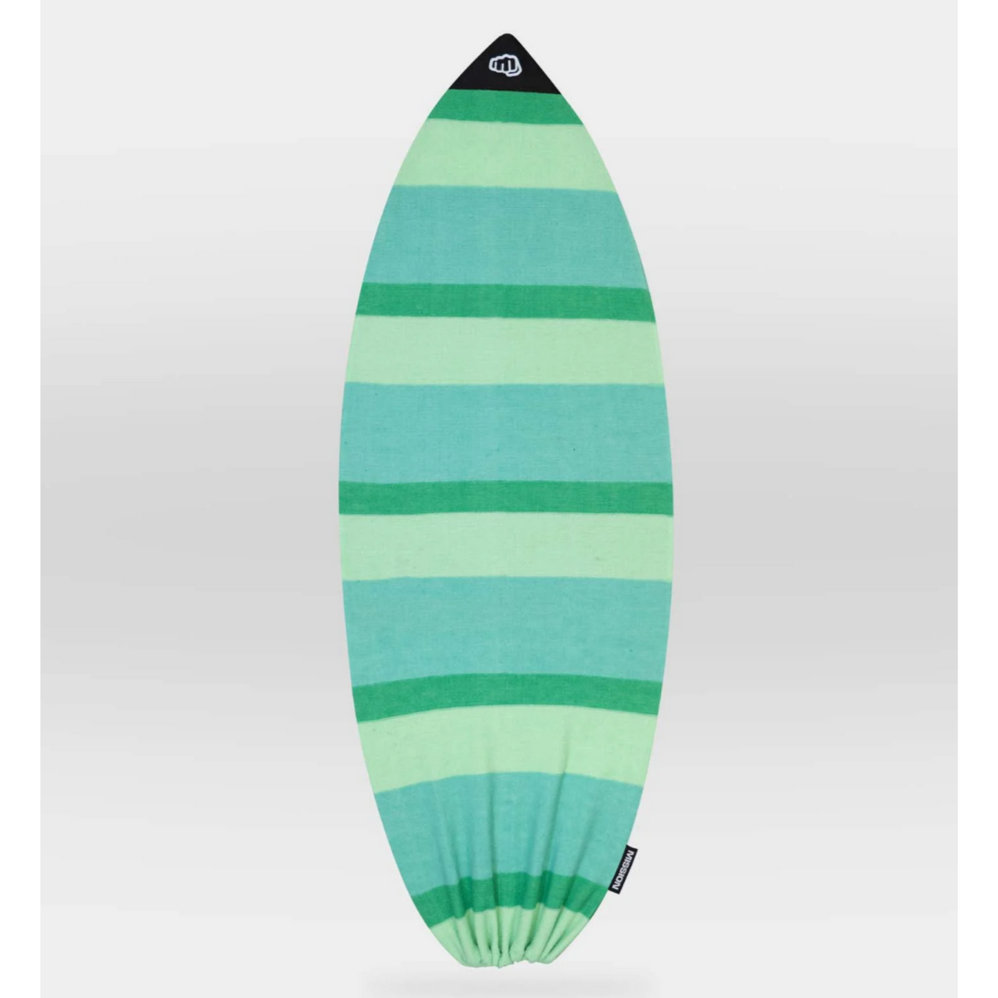 A surfboard-shaped towel featuring horizontal stripes in shades of green and light blue, with a black finial at the nose and a small brand tag near the tail.