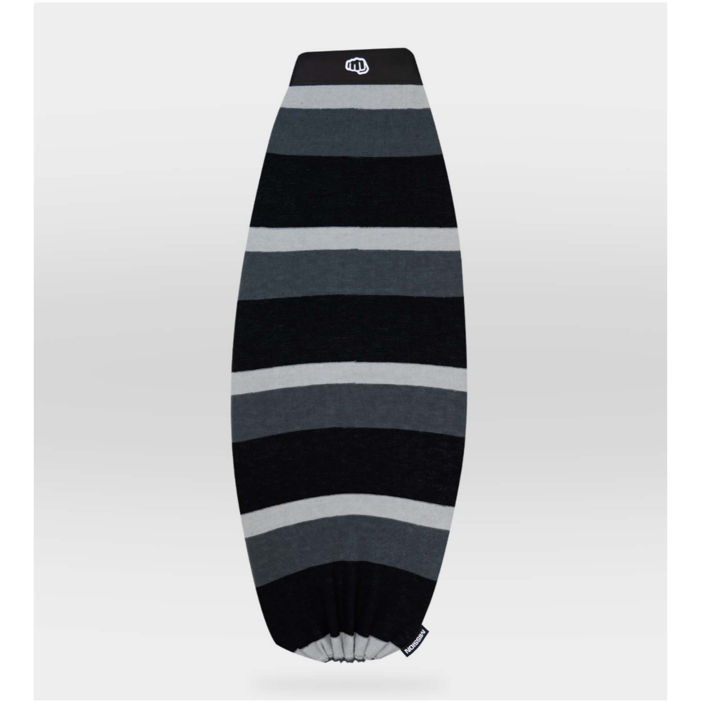 A long, narrow board with horizontal black, dark gray, and light gray stripes, shown upright against a light gray gradient background. A small white logo is visible near the top center.
