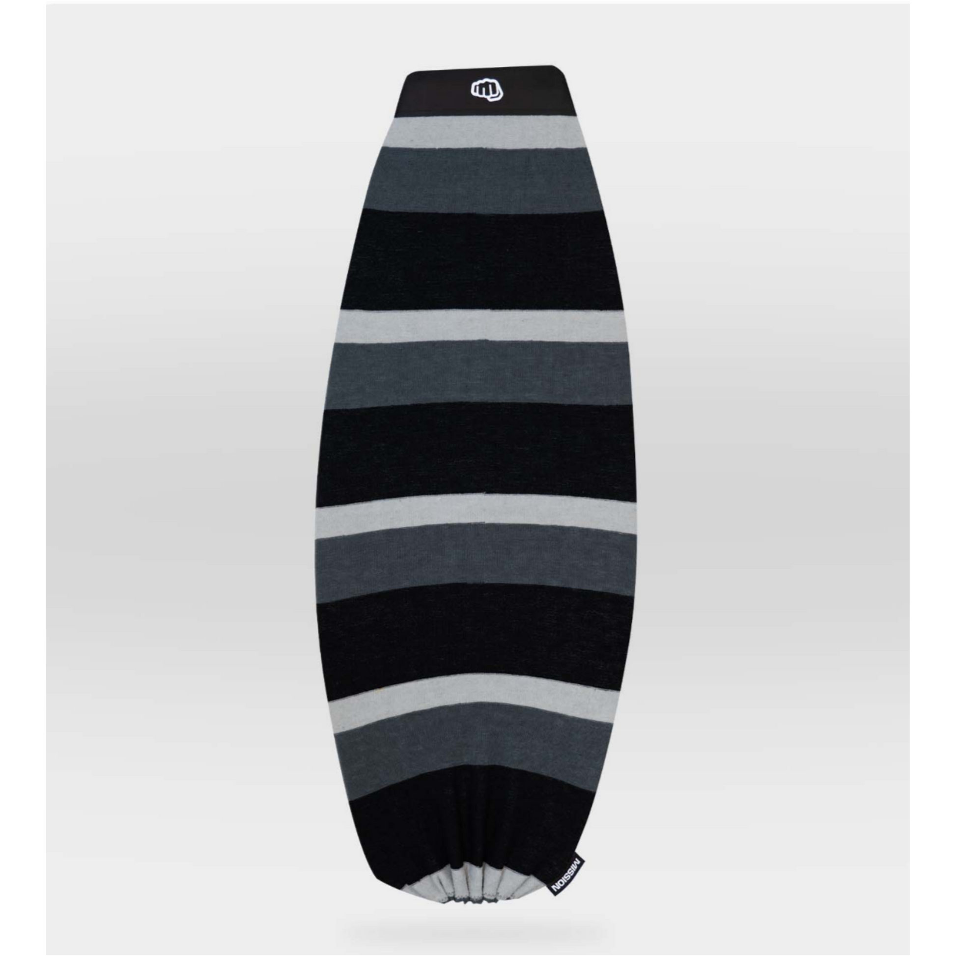 A long, narrow board with horizontal black, dark gray, and light gray stripes, shown upright against a light gray gradient background. A small white logo is visible near the top center.