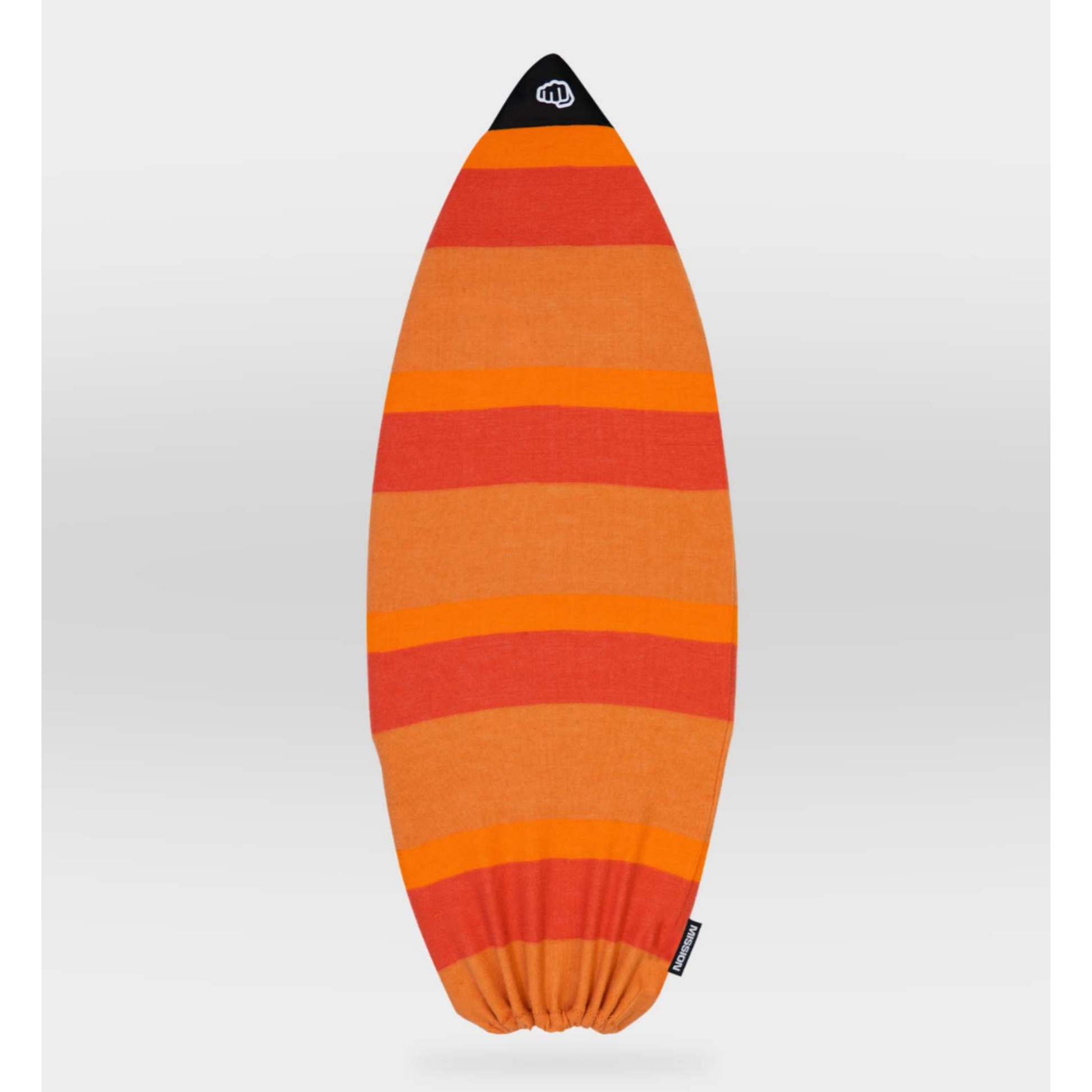 A surfboard-shaped knit blanket featuring horizontal stripes of orange, red, and light orange, with a black pointed tip and a small white logo, shown against a light gray gradient background.