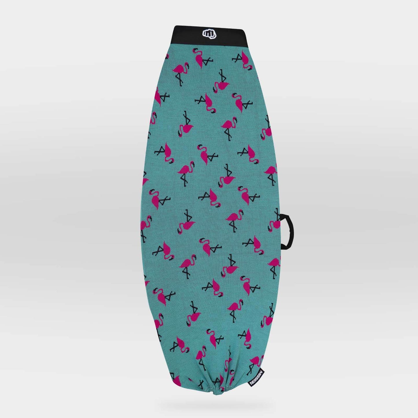 A teal wakeboard cover with an all-over pink flamingo pattern, featuring a black waistband with a white logo and a black drawstring.