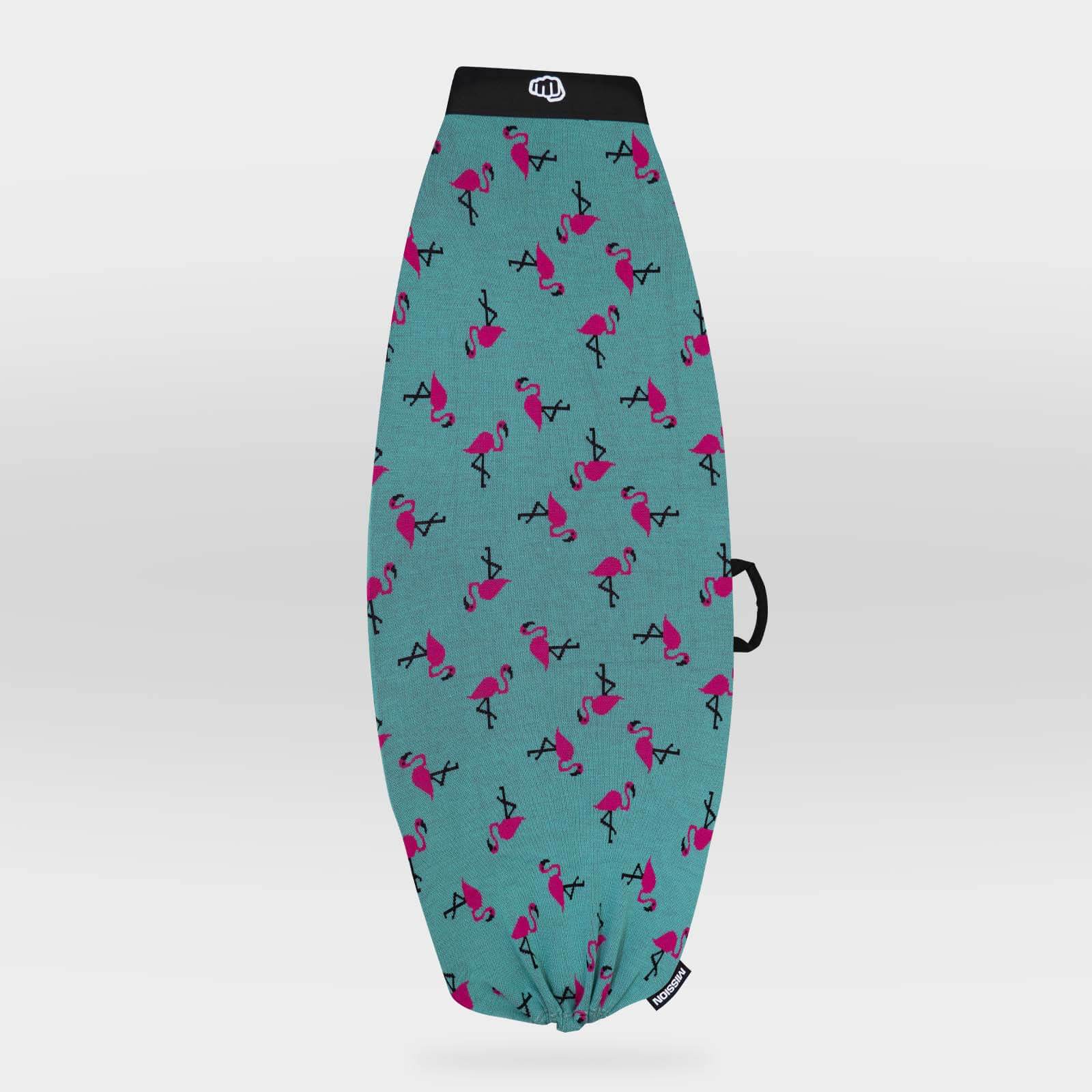 A teal wakeboard cover with an all-over pink flamingo pattern, featuring a black waistband with a white logo and a black drawstring.
