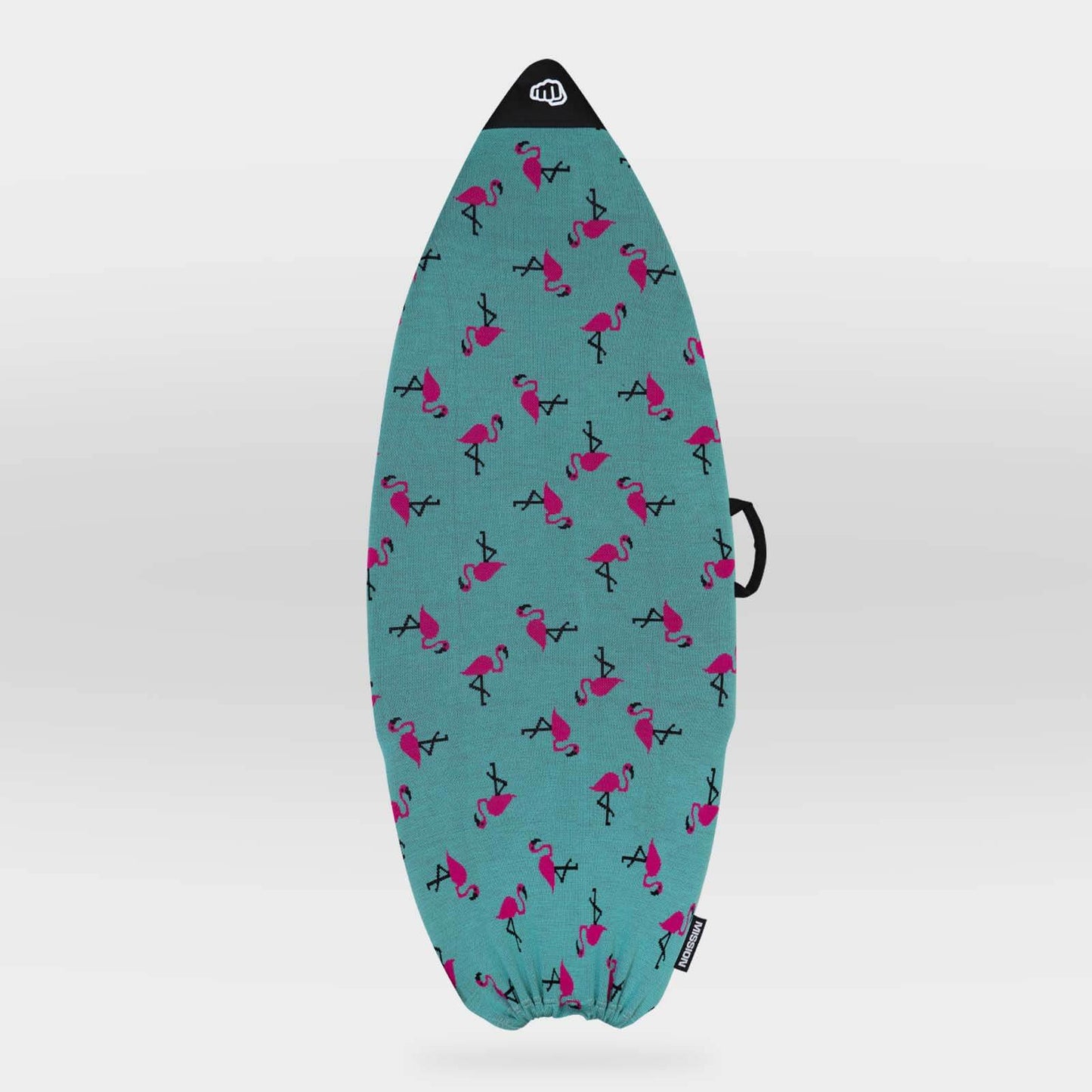 A surfboard-shaped cover or wrap in teal with an allover pink flamingo print, shown on a light gray gradient background.
