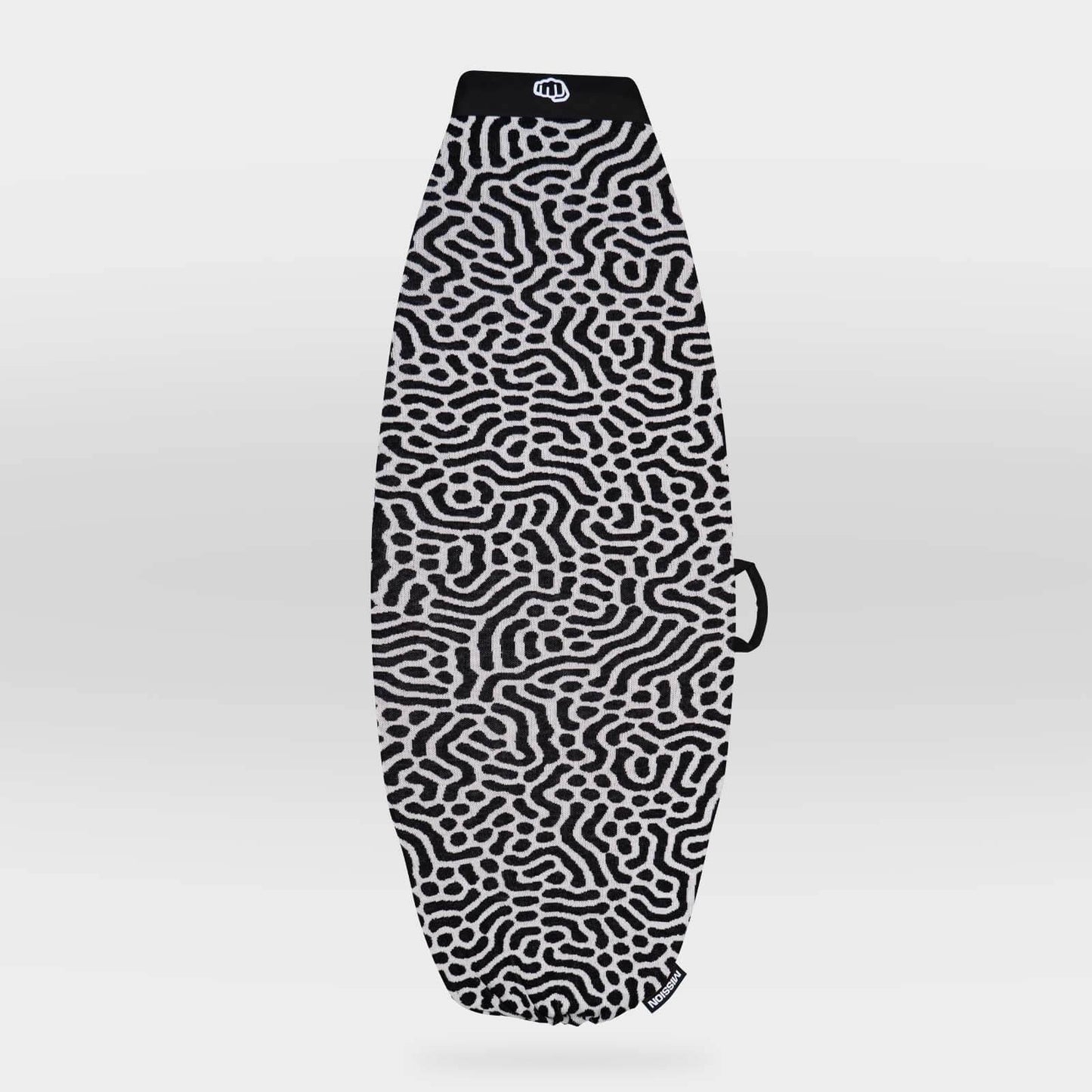 A surfboard cover featuring a black and white maze-like pattern, shown against a light gray gradient background.