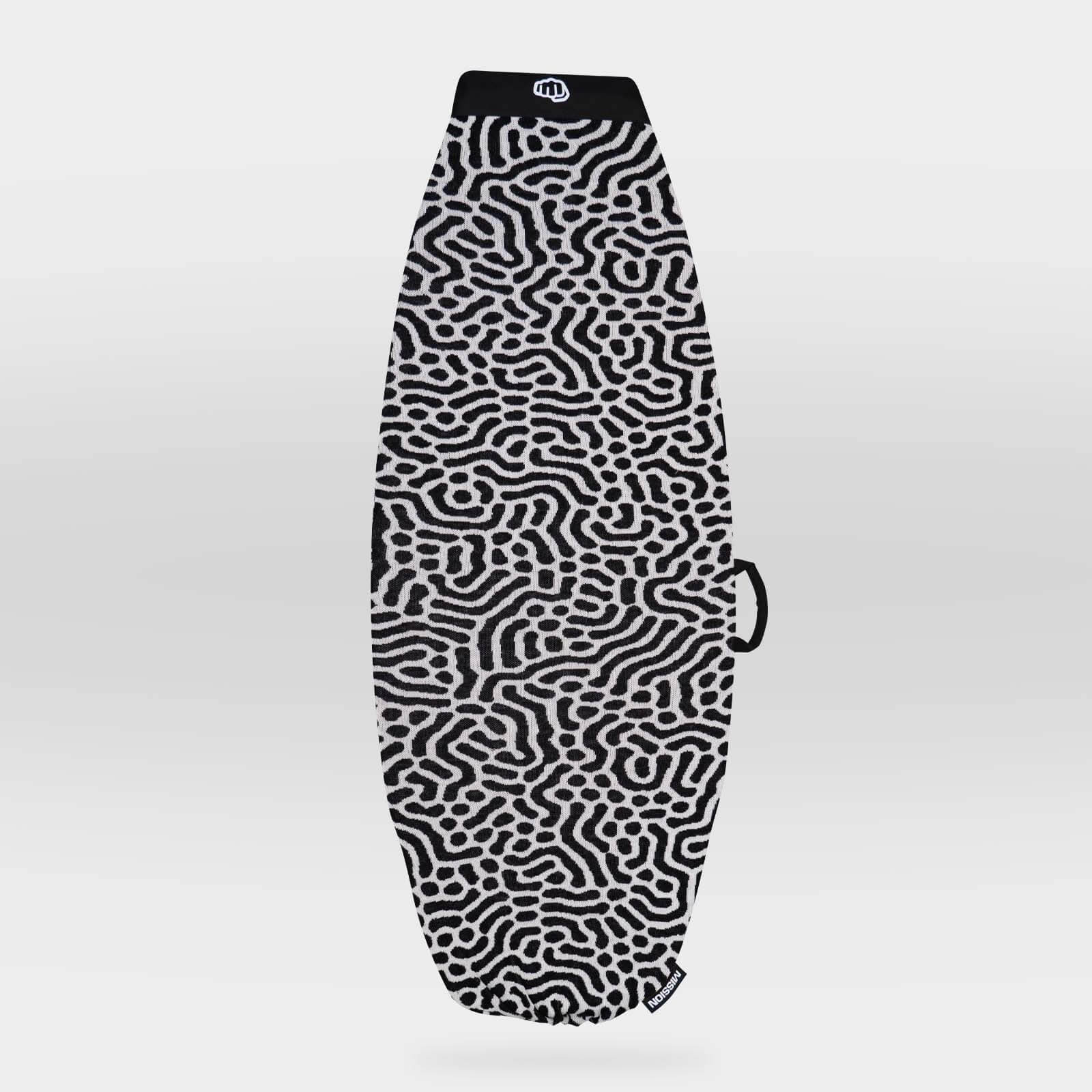 A surfboard cover featuring a black and white maze-like pattern, shown against a light gray gradient background.